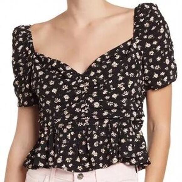 Astr The Label Black Ditsy Floral Peplum Sweetheart Puff Sleeve Crop Top Size M - Picture 1 of 9